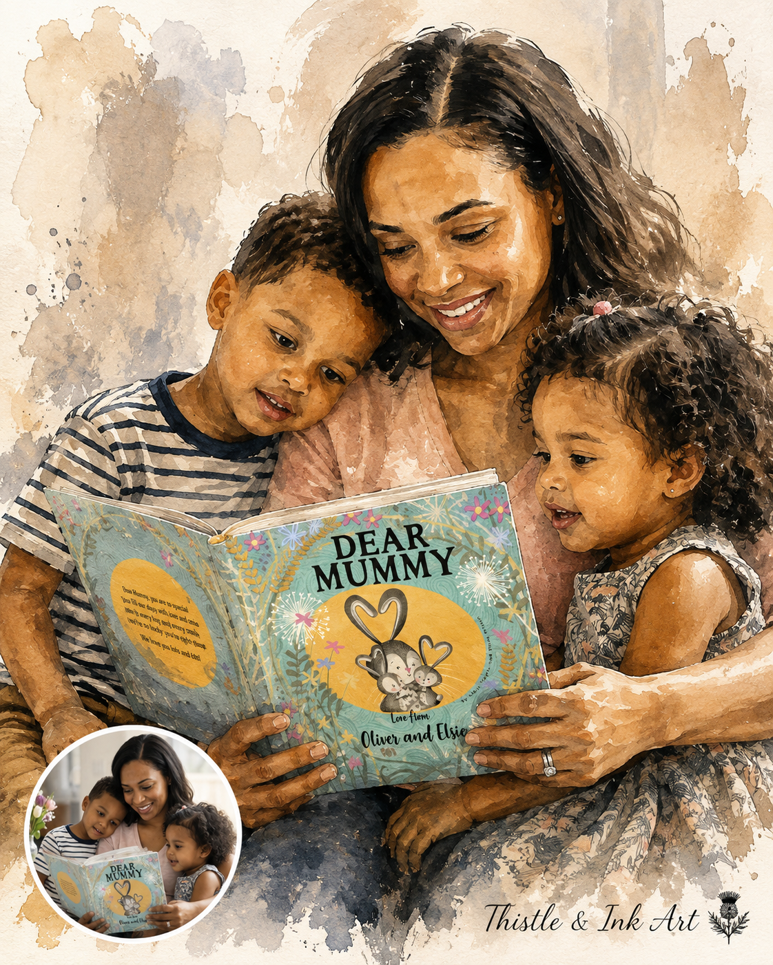 Dear Mummy – Personalised Mum & Children Watercolour Portrait