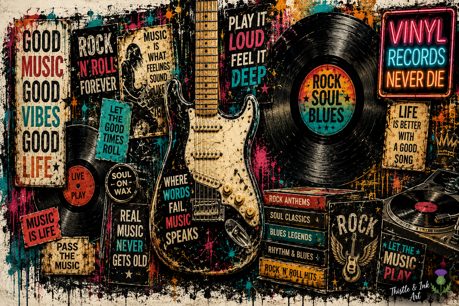 Rock ’n’ Roll Never Dies – Vinyl & Guitar Art Print